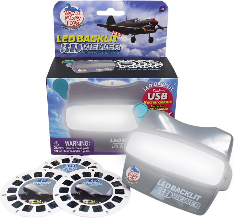 WARM FUZZY Toys LED Backlit 3D Viewer – (Planes) – New 2025 USB-C Rechargeable Viewer for Kids & Adults Includes 3 Reels with 21 HD 3D Images – Patent-Pending Retro Toy, No Light Source Needed - Image 1